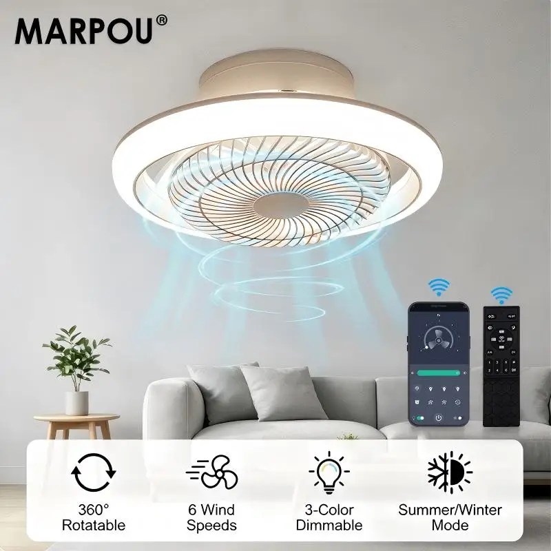 MARPOU 360 ° Drehbarer Deckenventilator mit Beleuchtung, APP-Fernbedienung, Dimmbar, Moderne Ventilatorlampe, 6 Windgeschwindigkeiten, Umkehrbarer Luftstrom für Innenräume