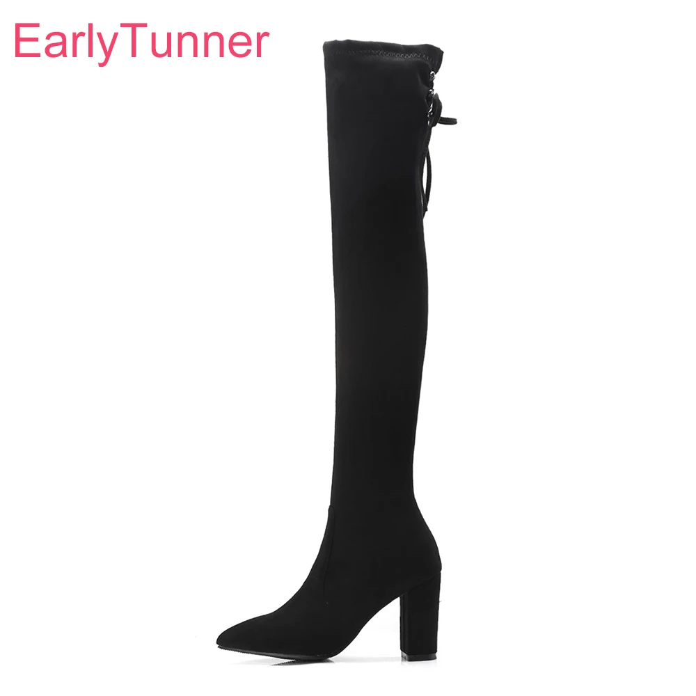 Neue Winter Sexy Schwarz Grau Frauen Oberschenkel Hohe Stiefel Mode 8,5 cm High Heels Dame Party Schuhe Plus Große Kleine größe 10 32 43 46