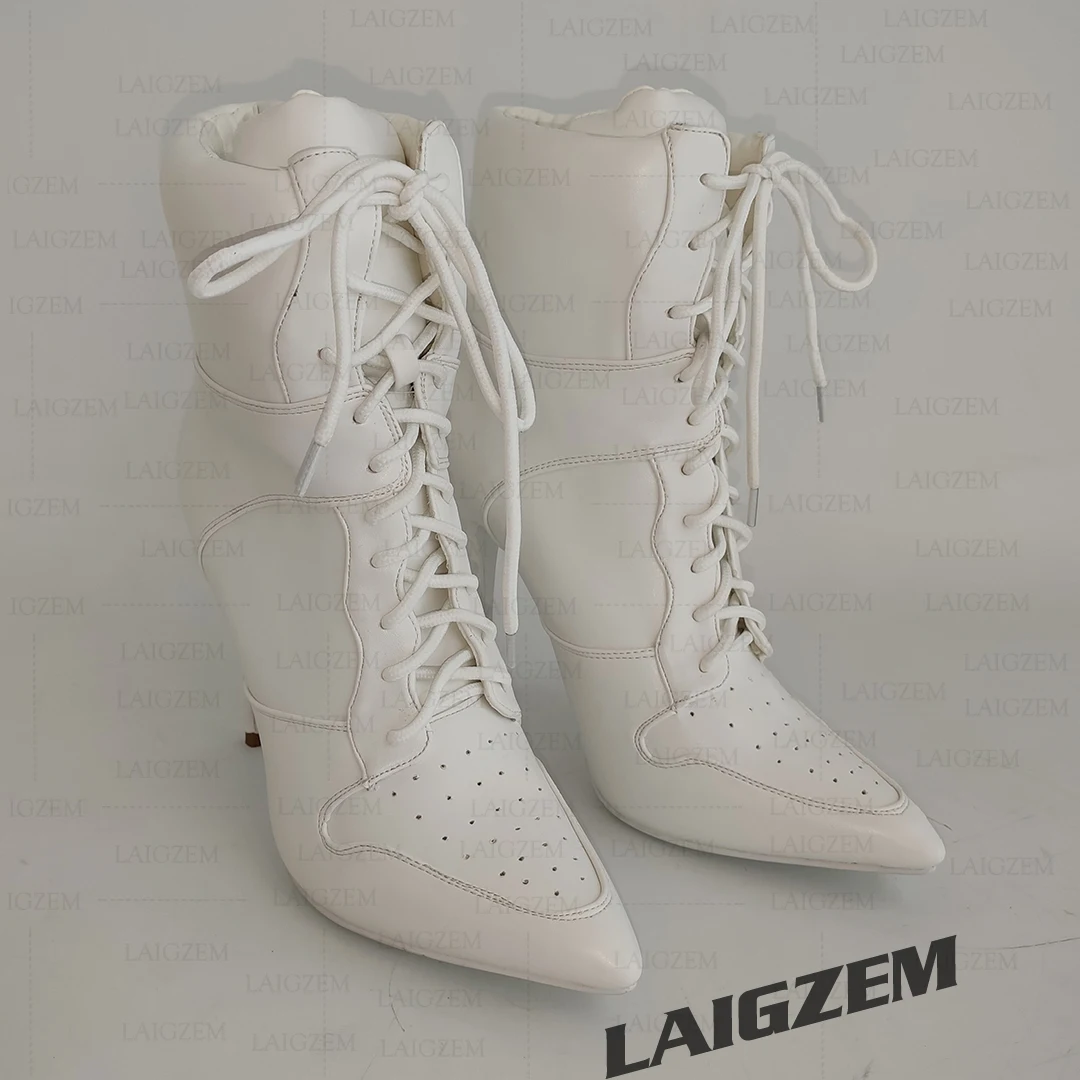 BERZIMER Damen Stiefeletten mit spitzer Zehenpartie, Kunstleder, zum Schnüren, dünne High Heels, handgefertigte Damenschuhe, große Größe 41, 42, 47