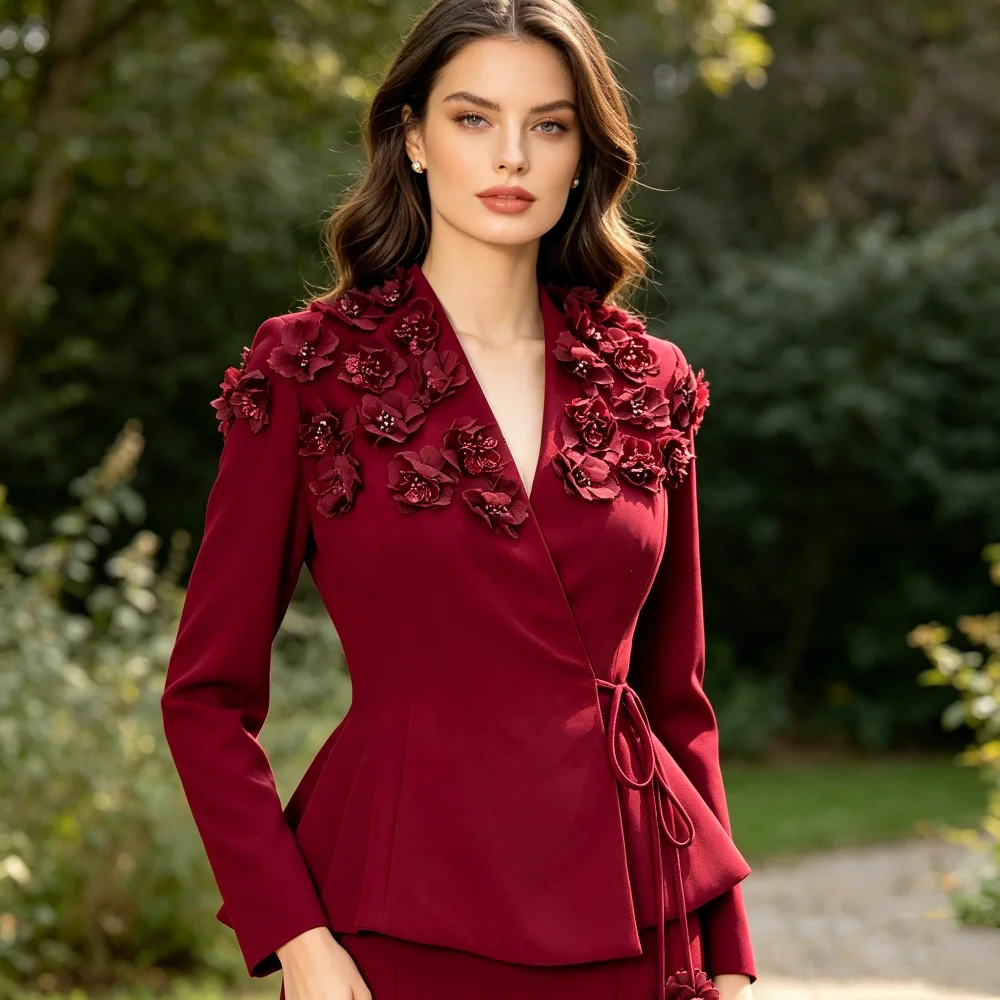 Customized Burgundy Classic Luxury Jersey Flower Beading Sequined Mermaid V-neck Long Dresses For Wedding Party Evening Dresses