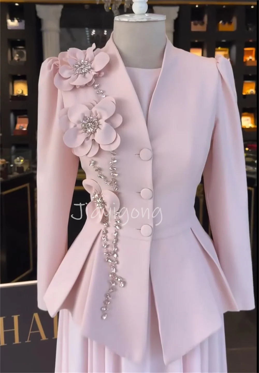 Customized Exquisite Jersey Pleat Flower Sequined A-line V-neck Long Luxury Party Evening Dresses Modern Classic