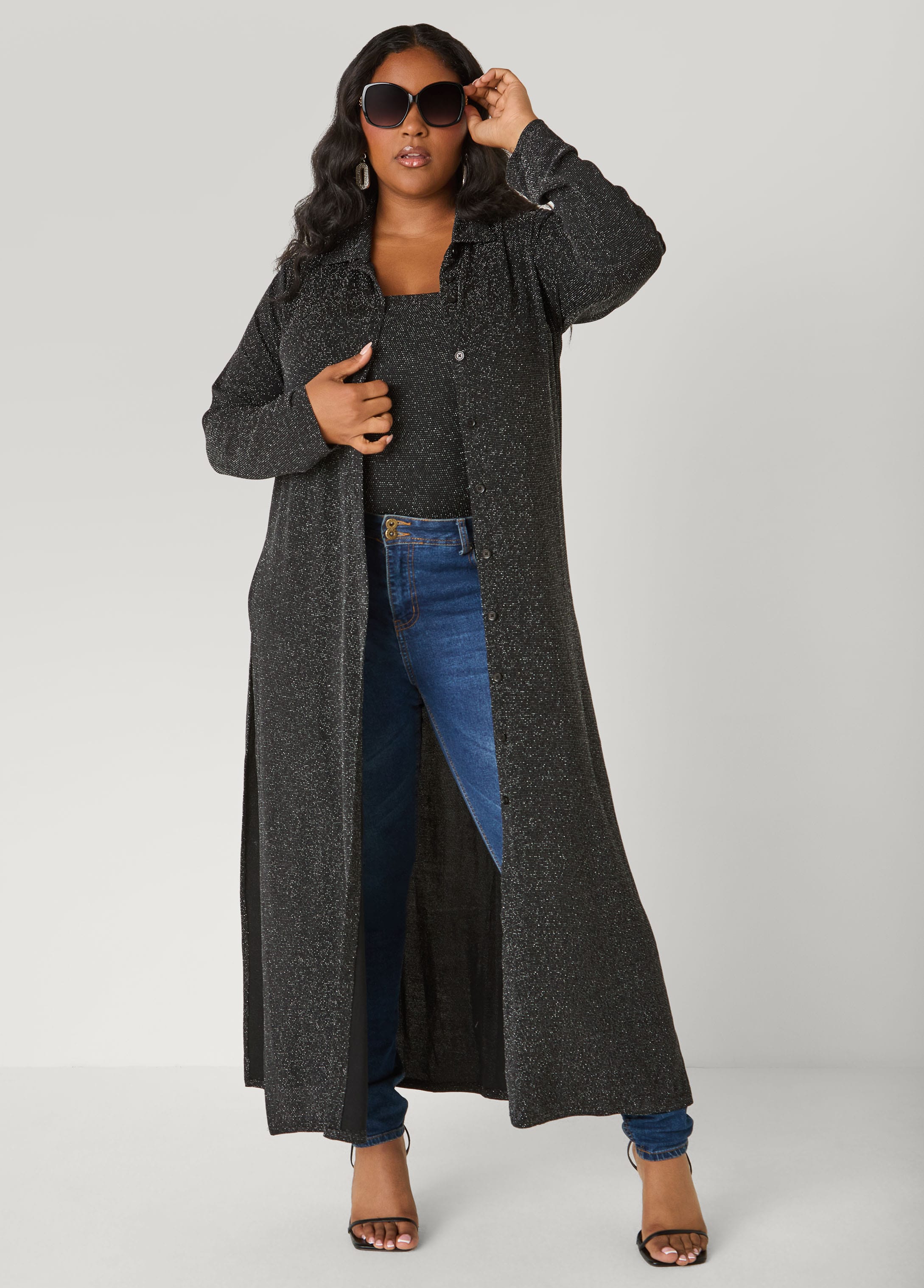Plus Size Button Front Metallic Duster