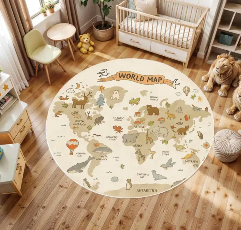 Weltkarte Kinderteppich Waschbar Rutschfest Runde Spielmatte Lehrreiche Tierkarte Kinderzimmer-Teppich Montessori Lern-Deko Geschenke
