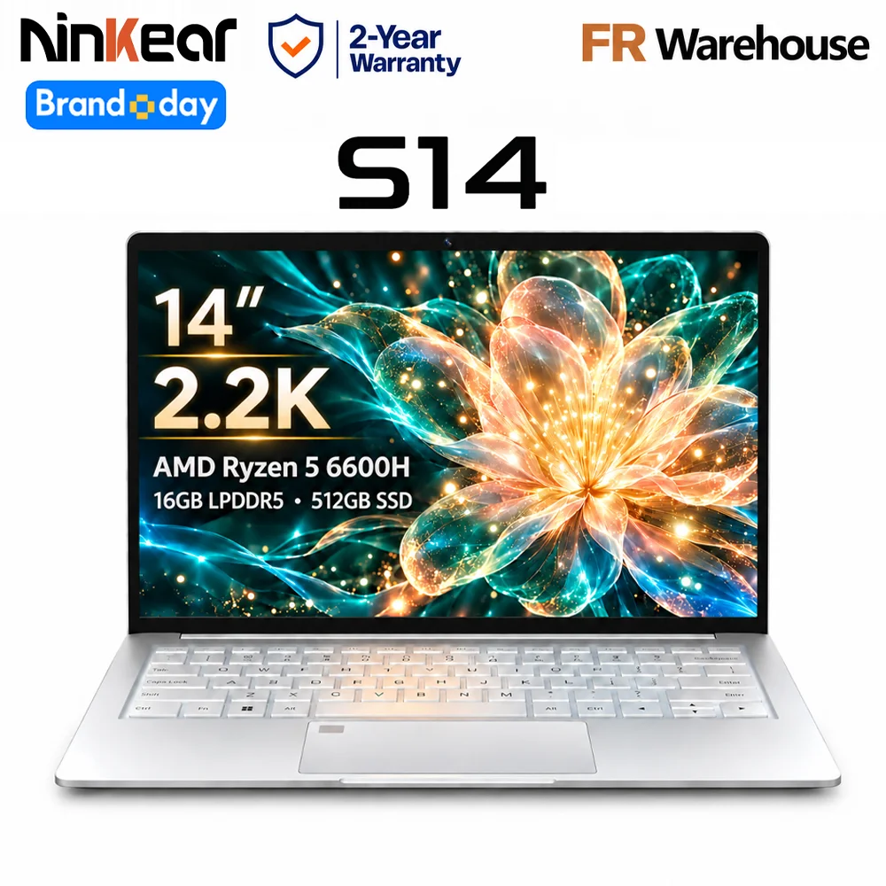 Ninkear S14 Leichter Laptop 14 Zoll 2.2K IPS Display AMD Ryzen 5 6600H 16GB LPDDR5 RAM 512GB SSD Windows 11 WiFi 6 Fingerabdrucksensor beleuchtete Tastatur für Büro Studium Multitasking