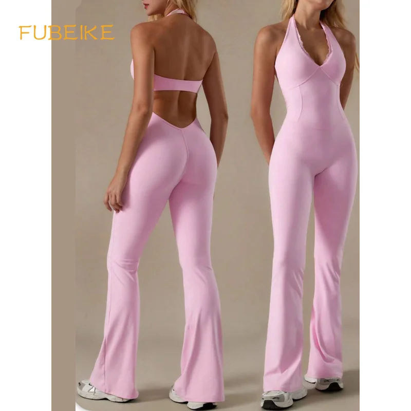 FUBEIKE nouveau col en dentelle vêtements de Yoga pantalons longs couleur unie sport licou body serré Yoga Pilates vêtements de sport vêtements de sport