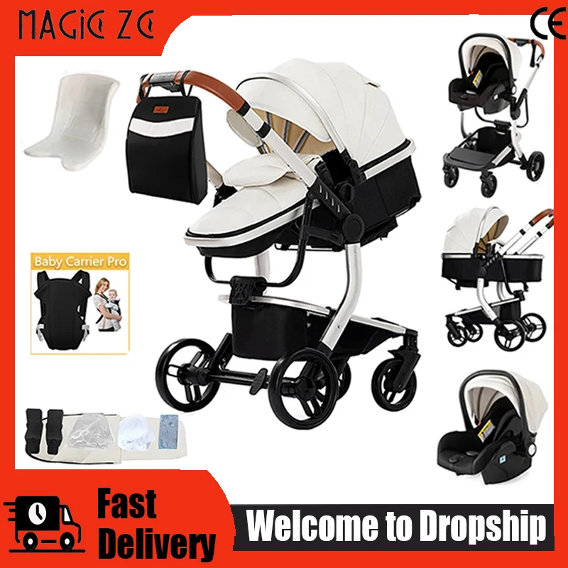 Luxuriöser 3-in-1 Kinderwagen aus PU-Leder, Wasserdichter Neugeborenen-Buggy mit Autositz, Tragbarer Reisekinderwagen, Faltbarer Kinderwagen