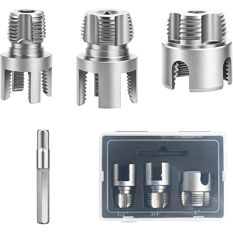 4PCS PVC Pipe Threader Tool Kit, Drill Powered Pipe Tapping and Reaming Tool with Hex Shank, Plastic Pipe Deburring Set for Internal and External Edges, Plumbing Tool for PVC Tubes (1/2, 3/4, 1)