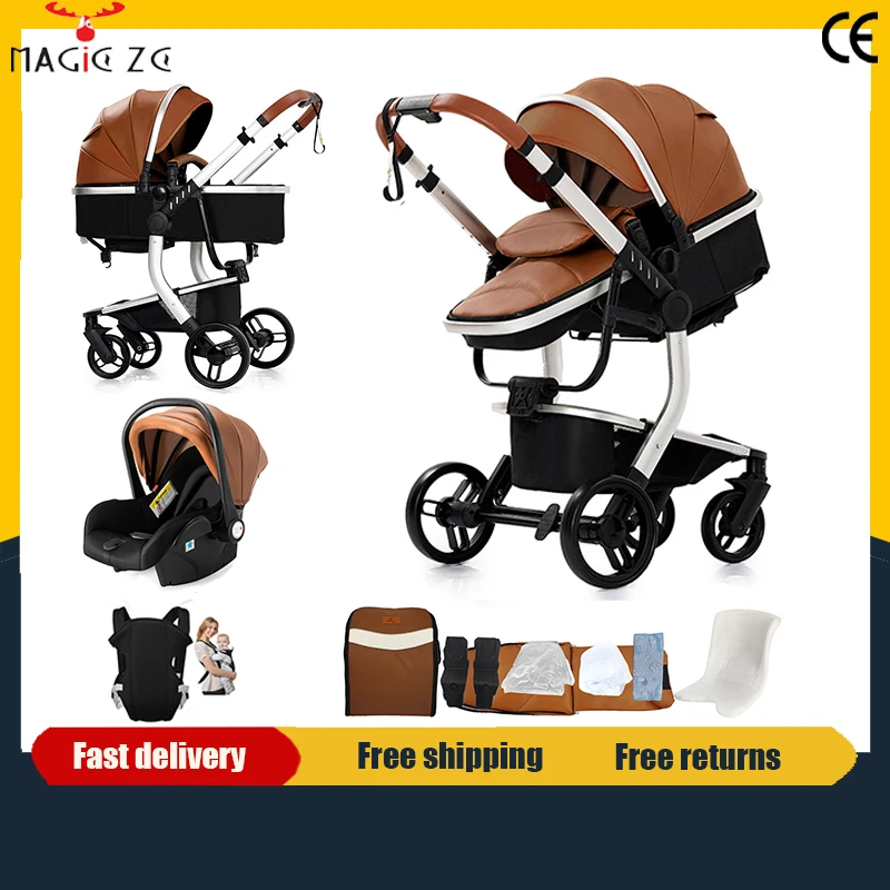 Luxuriöser 3-in-1 Kinderwagen aus PU-Leder, Wasserdichter Neugeborenen-Buggy mit Autositz, Tragbarer Reisekinderwagen, Faltbarer Kinderwagen