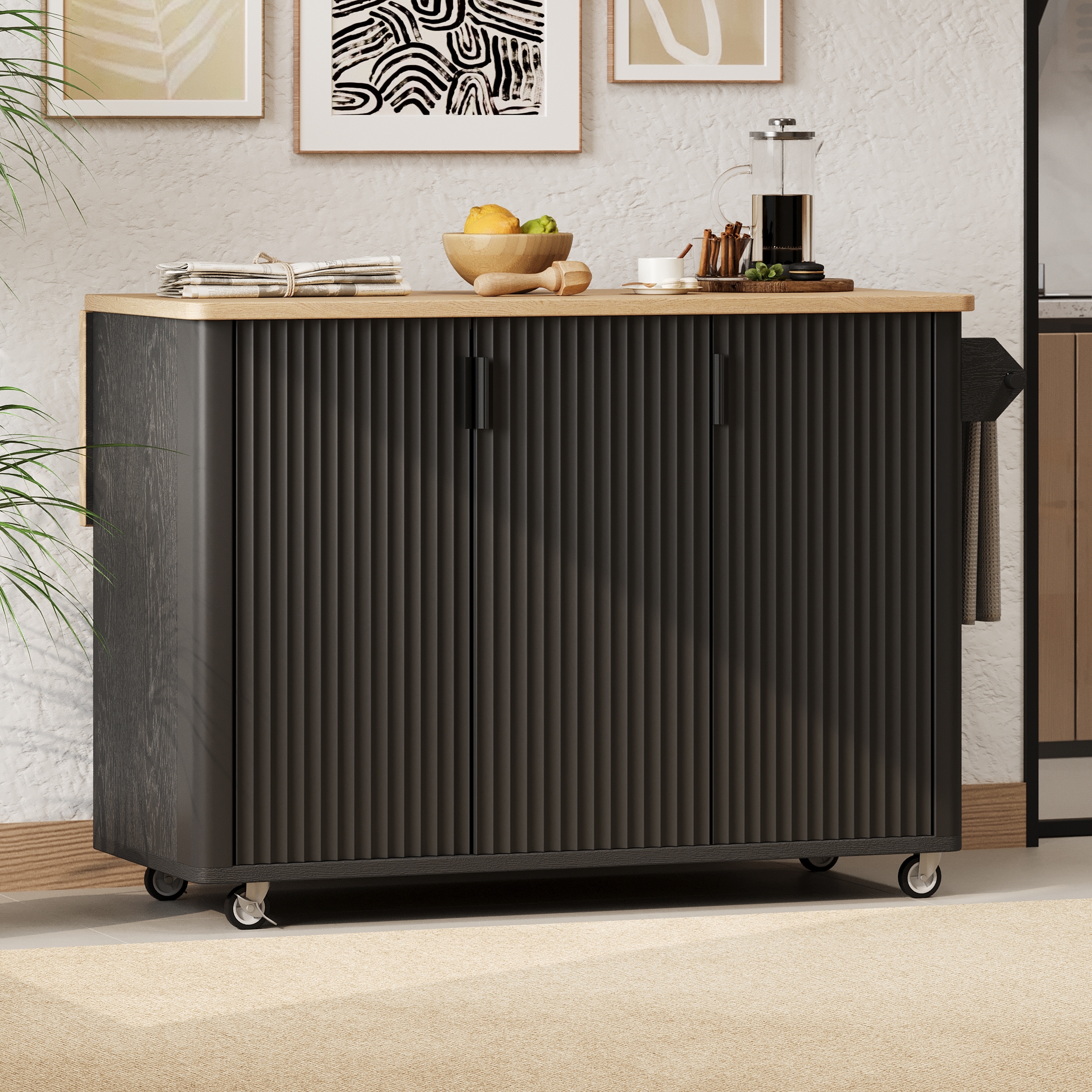 Kitchen Island with Drop Leaf, Farmhouse Kitchen Island on Wheels with Internal Storage Rack, Towel Rack for Kitchen