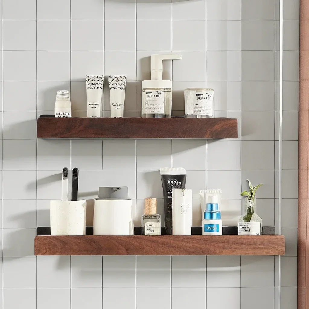 Étagère murale de salle de bain, support de rangement sans poinçon, étagères de salle de bain en bois pour organisateur de salle de bain, étagère murale sans poinçon