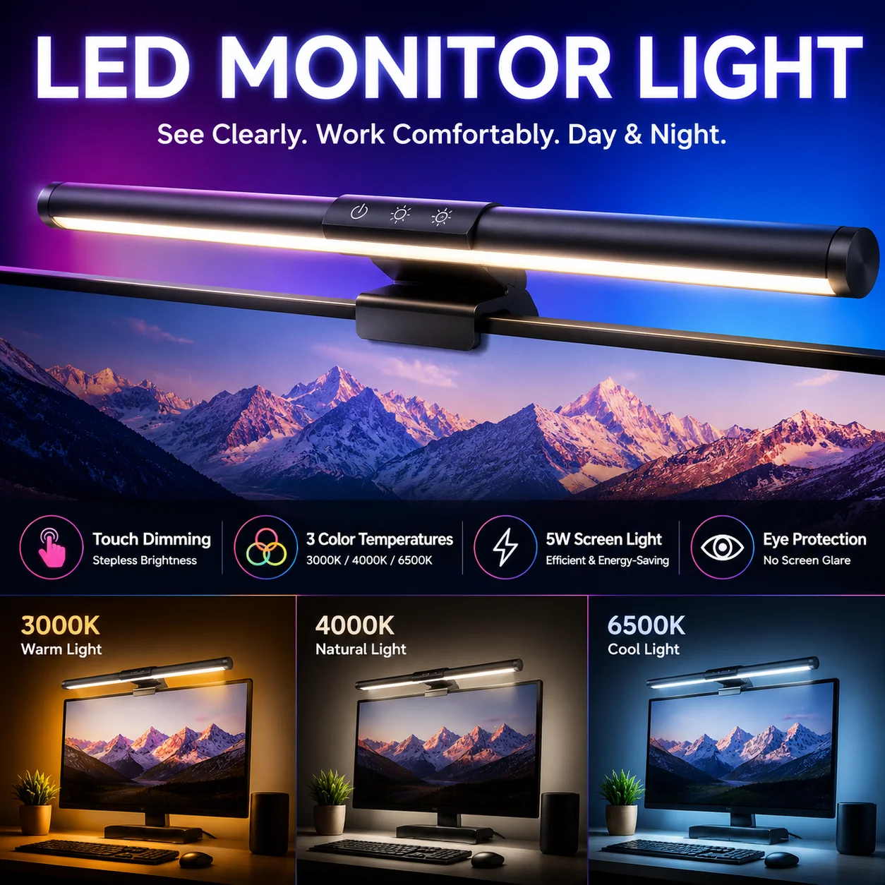 LED-Monitor-Lichtleiste RGB/3 Farben Dimmbare Schreibtischlampe Monitor-Lichtleiste Computerbildschirm-Hängeleuchte Touch-Tischlampe Deko