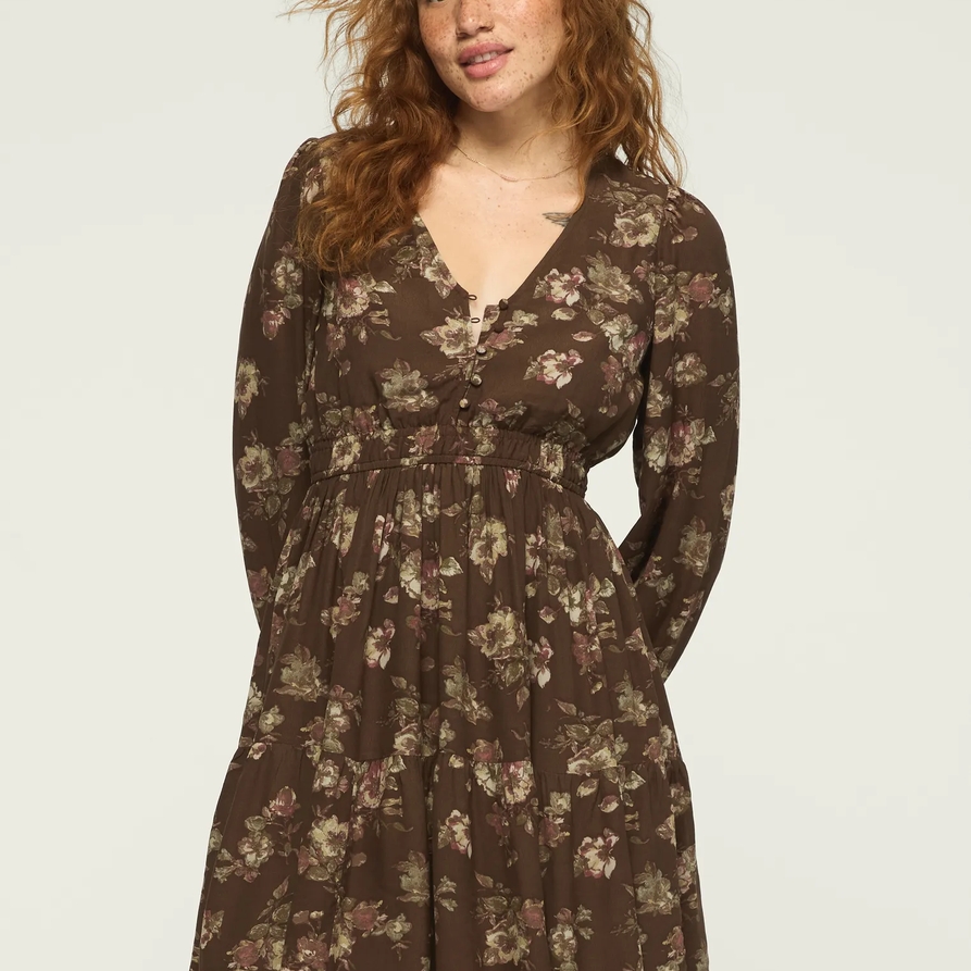 Lucky Brand Long Sleeve Smocked Waist Mini Dress - Women's Clothing Dresses Mini Dress in Taupe Floral, Size S - Lucky Brand