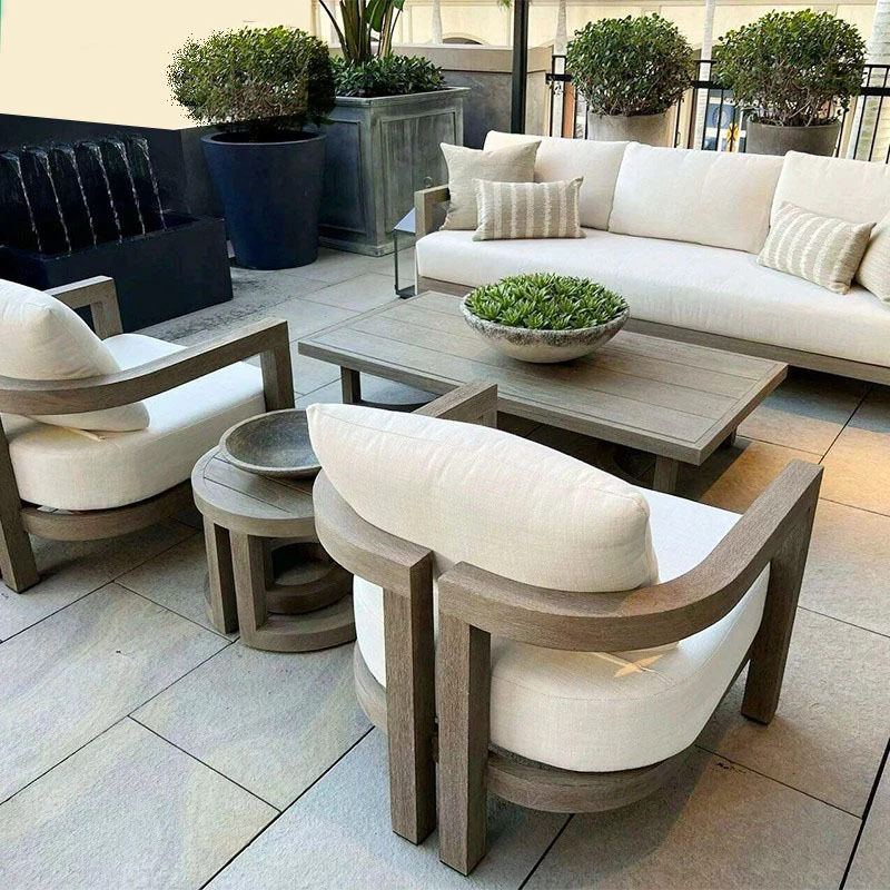 Outdoor Sofa Courtyard,, Hotel, Leisure Furniture, Vintage Distressed Outdoor Garden Terrace Teak Sofa Set