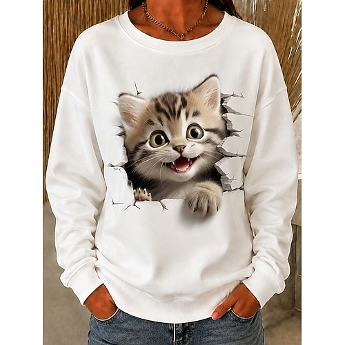 Damen Pullover Sweatshirts Druck Tiermotiv Katze Aktiv Mode Langarm Rundhals Normale Oberteile Lässig Heim Straße Weiß Schwarz Rosa Frühling Herbst Winter