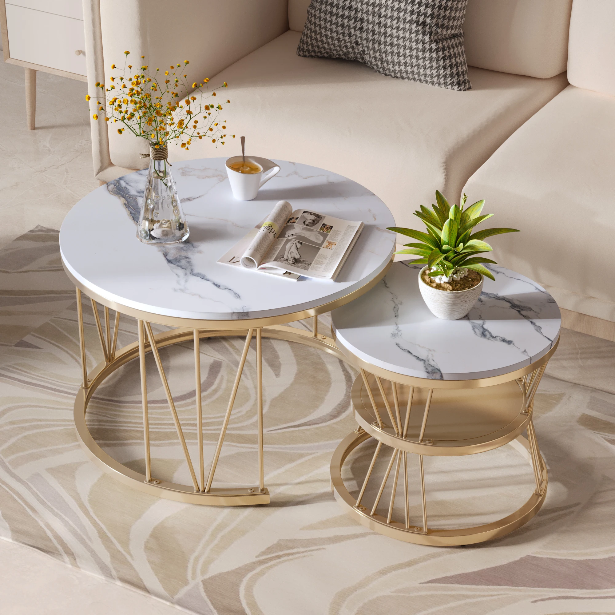 Comanlai Runder Couchtisch, 2er-Set, Couchtisch in Marmoroptik, Sofatisch, Beistelltisch mit Metallgestell, Moderne Couchtische, für Wohnzimmer, Weiß+Gold