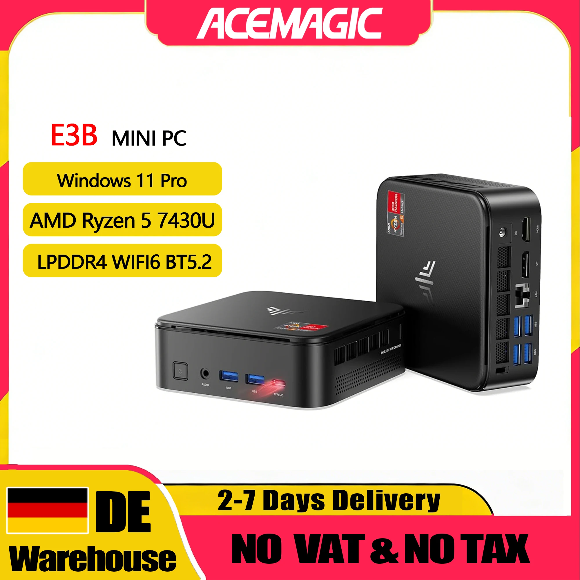 NIPOGI E3B Mini-PC - AMD Ryzen 5 7430U Mini-PC - 16GB LPDDR4 512GB PCIe M.2 SSD - Mini-Computer (6C/12T, insgesamt 4,3 GHz) - Desktop-Computer mit Radeon-Grafik - WiFi6 - BT5.2