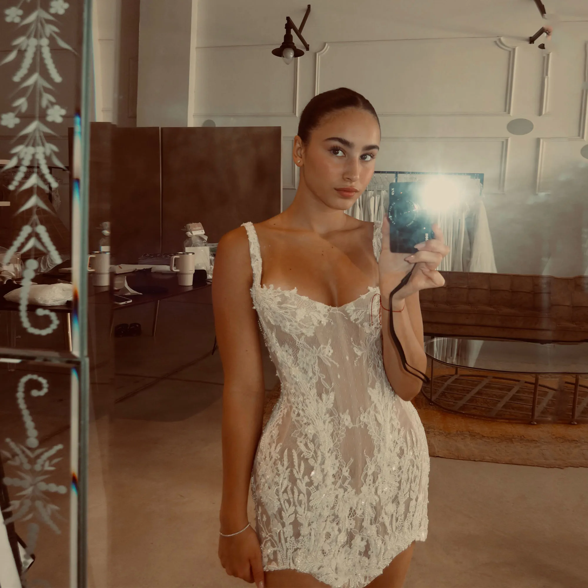 Spaghetti Strap Floral Lace Wedding Dress Sweetheart Bodycon Mini Short Civil Bridal Gown See Through שמלת ערב לאירוע Customized