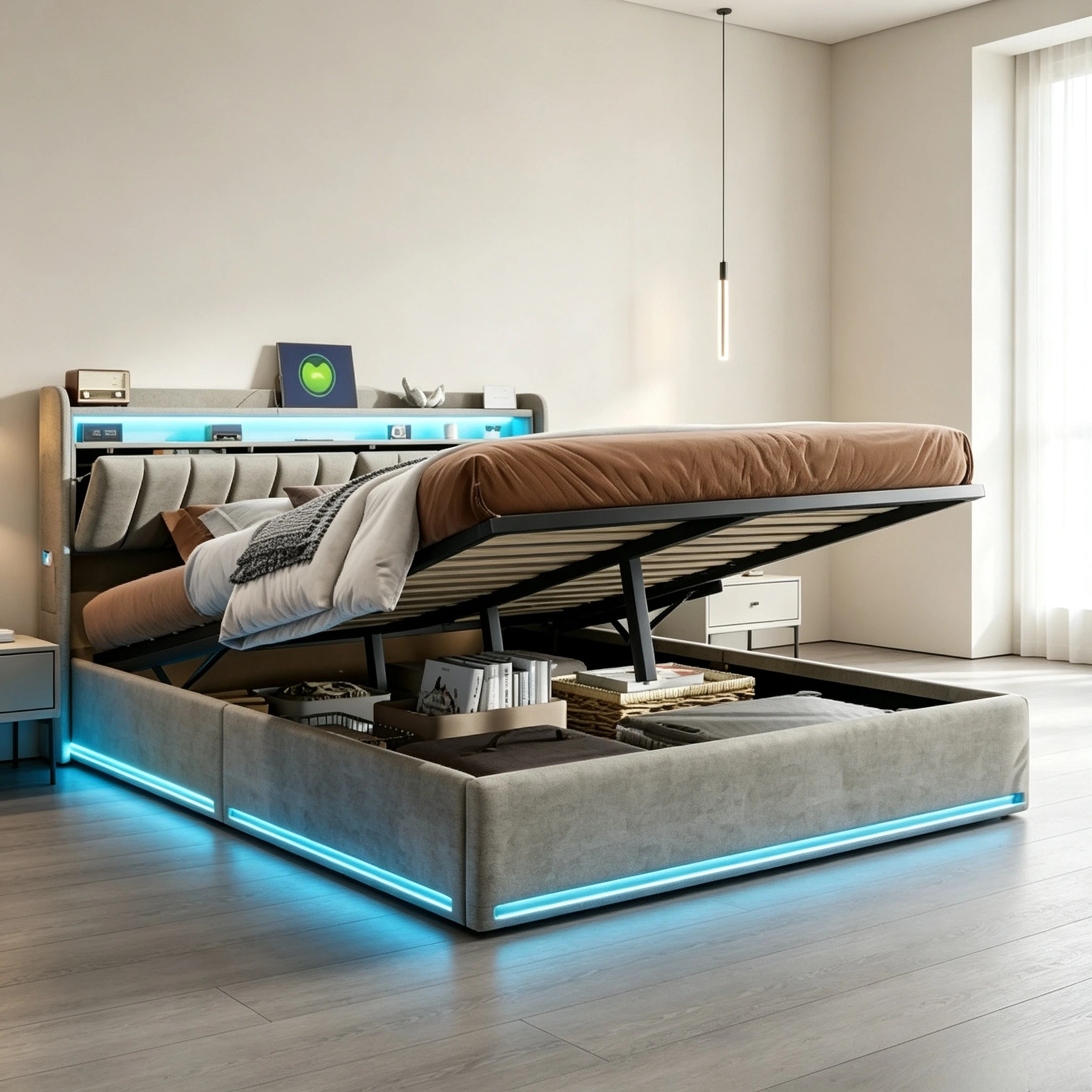 Rosahqnda Erwachsenenbett 160/140/90x200 cm mit LED-Kopfteil und -Gestell, Stauraum-Doppelbett mit Kopfteil mit Stauraumfunktion, Lattenrost, Samtstoff, grau/beige, ohne Matratze