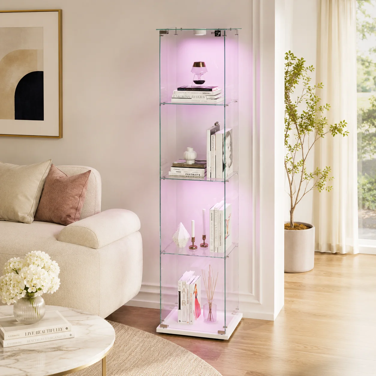 Glasvitrine Standvitrine, Sammlervitrine mit 4 Regalböden, transparenter Vitrinenschrank, abschließbarer Glasschrank für Wohnzimmer Arbeitszimmer Büro Flur, Figuren Bücher Trophäen Deko Sammlung