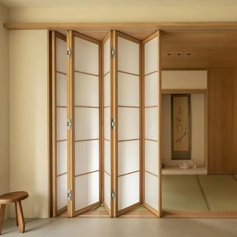 Japanische Falttür aus massivem Kiefernholz mit Gittermuster, Tatami-Balkontrennwand, Schiebetür zum Ziehen und Schieben