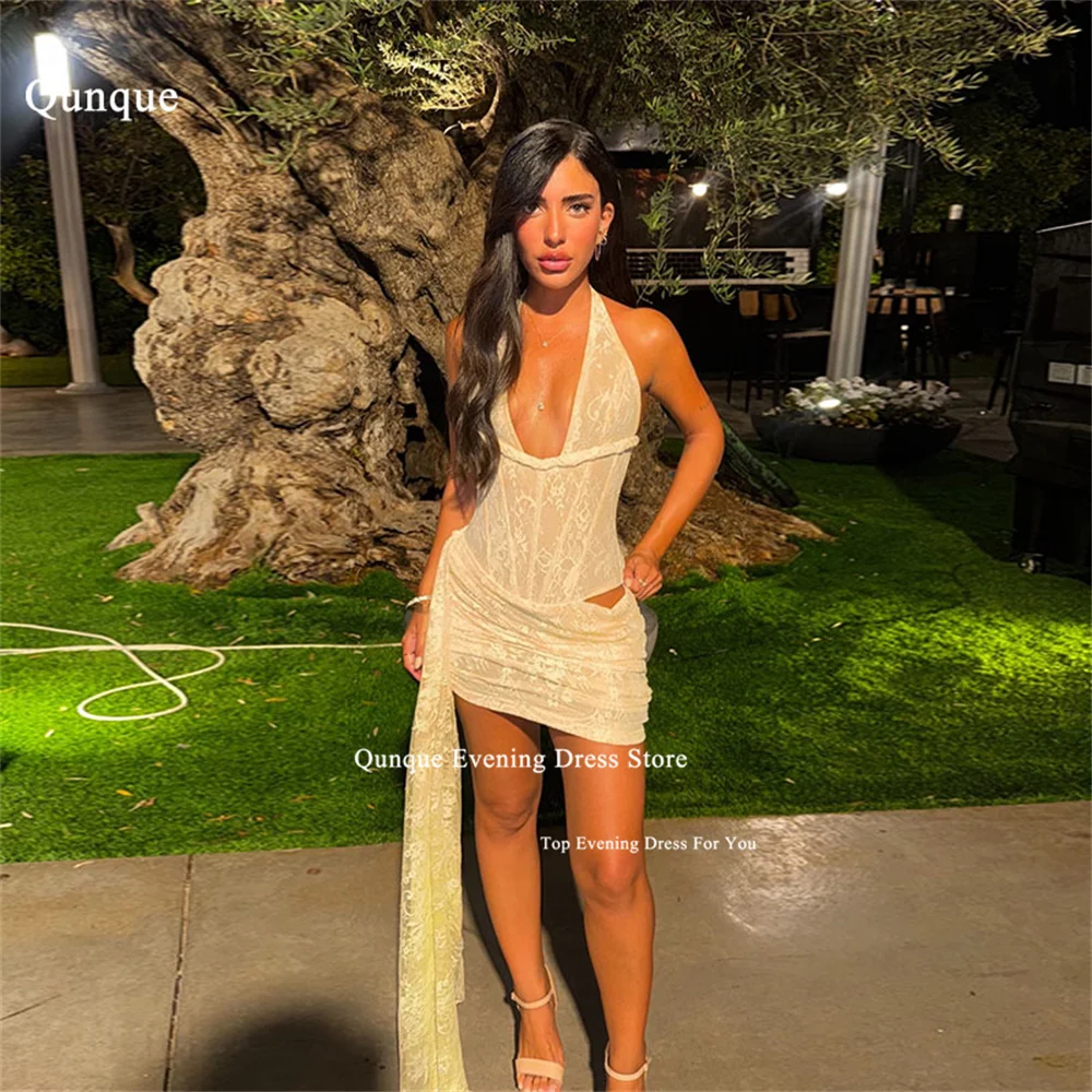 Qunque Yellow Lace Appliques Mini Prom Dresses Sexy Deep V Neck Night Club Outfit Backless Birthday Cocktail Gowns Customized