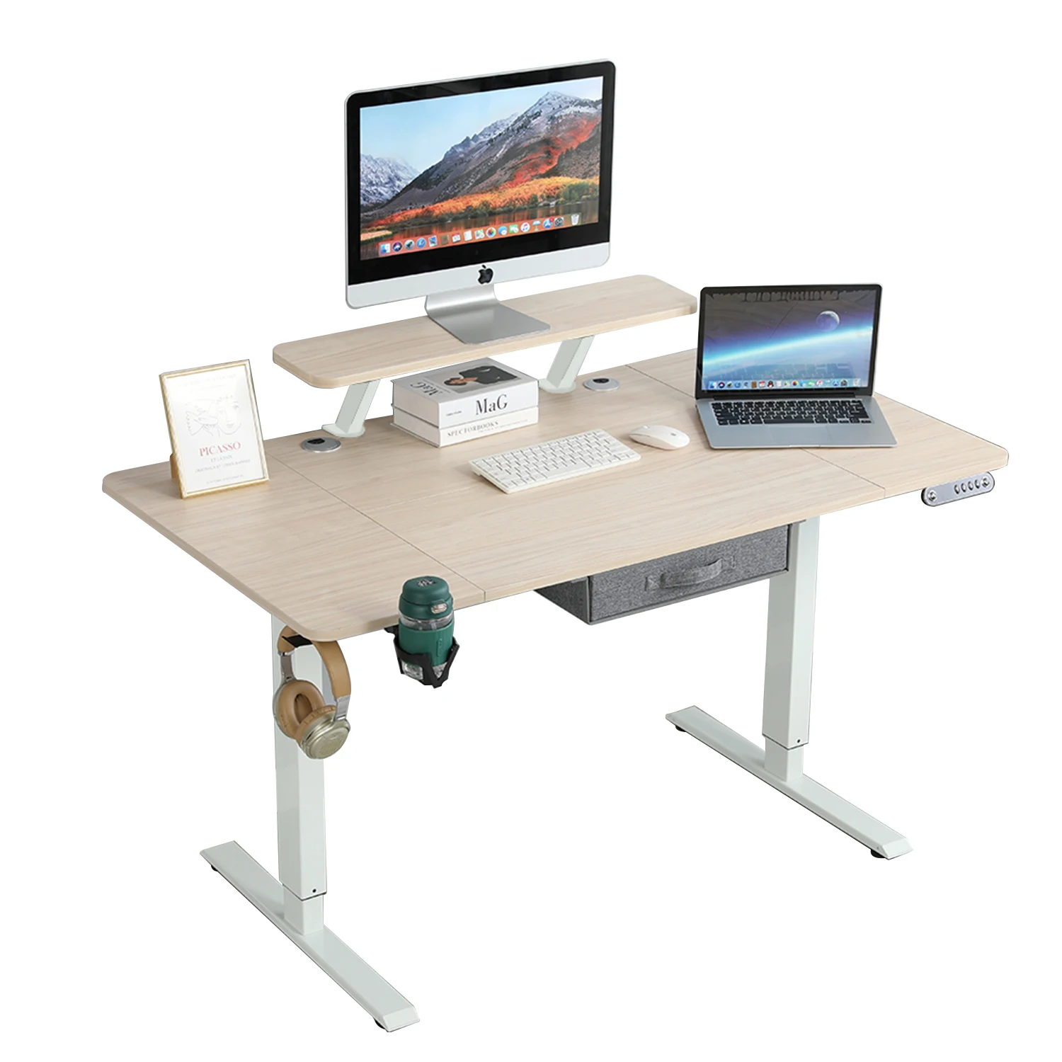 Radlove 140cm Höhenverstellbar Elektrischer Schreibtische Zuhause Bürotische mit Monitorständer und Schublade, Beige