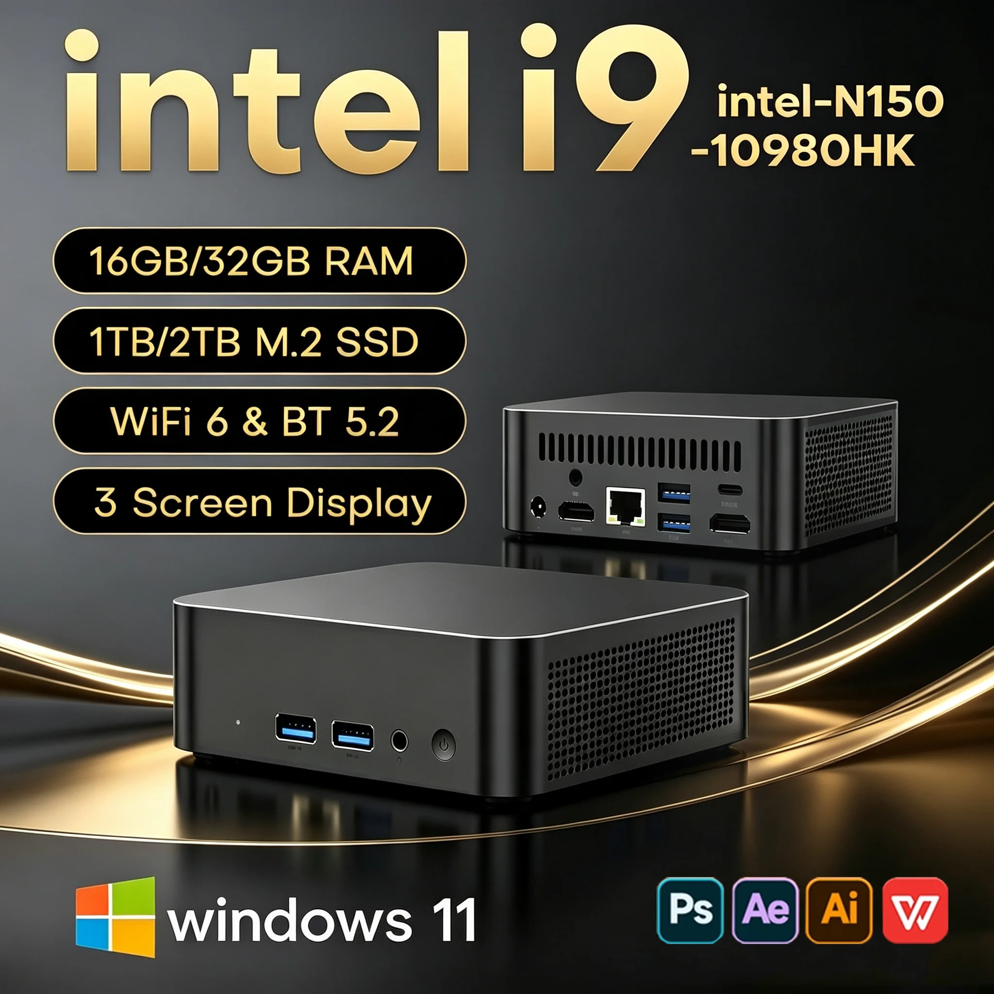 MINI PC Intel Core I9 10980HK /N150 Windows 11 Portable Gaming PC 16GB 32GB RAM 1TB 2TB SSD Office Gamer Wifi6 BT5.2 Desktop PC