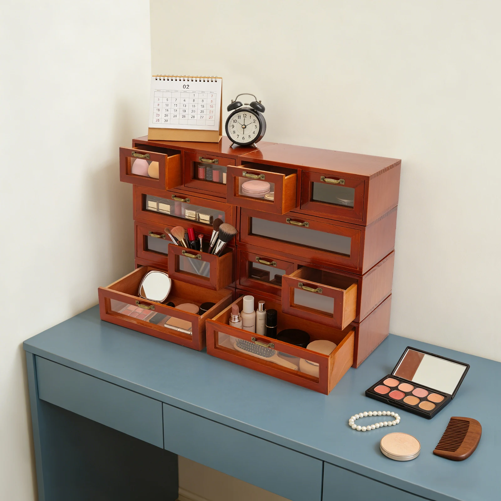 Holz-Aufbewahrungsschrank, Holz-Schubladenorganizer, Kunst-Aufbewahrungsschrank, stapelbare Schreibtisch-Schubladenkommode mit 12 Fächern, Naturkiefer, glatter Griff, transparentes Fenster,
