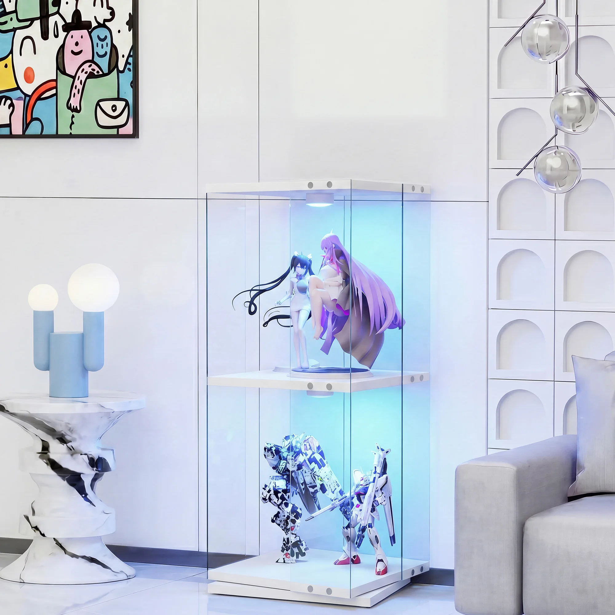 Anajqaqia 360 ° Drehbarer Vitrinenschrank, Modularer 3-stufiger Glas-Vitrinenschrank mit RGB-Beleuchtung, Staubdichtes Aufbewahrungsregal für Figuren, Bücher und Dekorationen