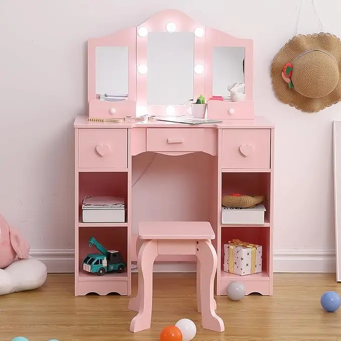 Kinder-Schminktisch mit Spiegel, Beleuchtung, Hocker & Schublade, 2-in-1 Holz-Prinzessinnen-Schminktisch, Kleinkind-Frisiertisch, Spielzeug-Schminktisch-Set für Mädchen