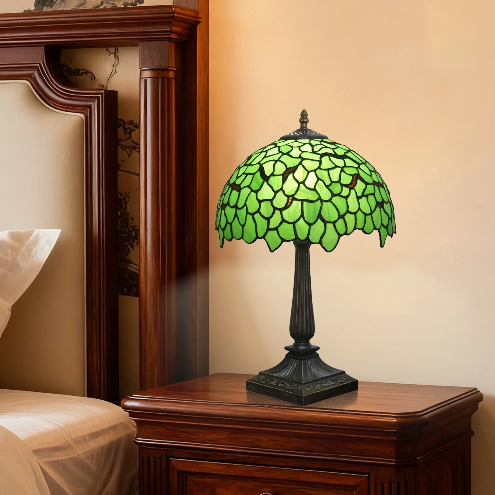 Tiffany-Stil Tischlampe Vintage Buntglas Schreibtischlampe Grüne Glyzinie Nachttischlampe Leselampe Deko Schlafzimmer Wohnzimmer Zuhause Büro