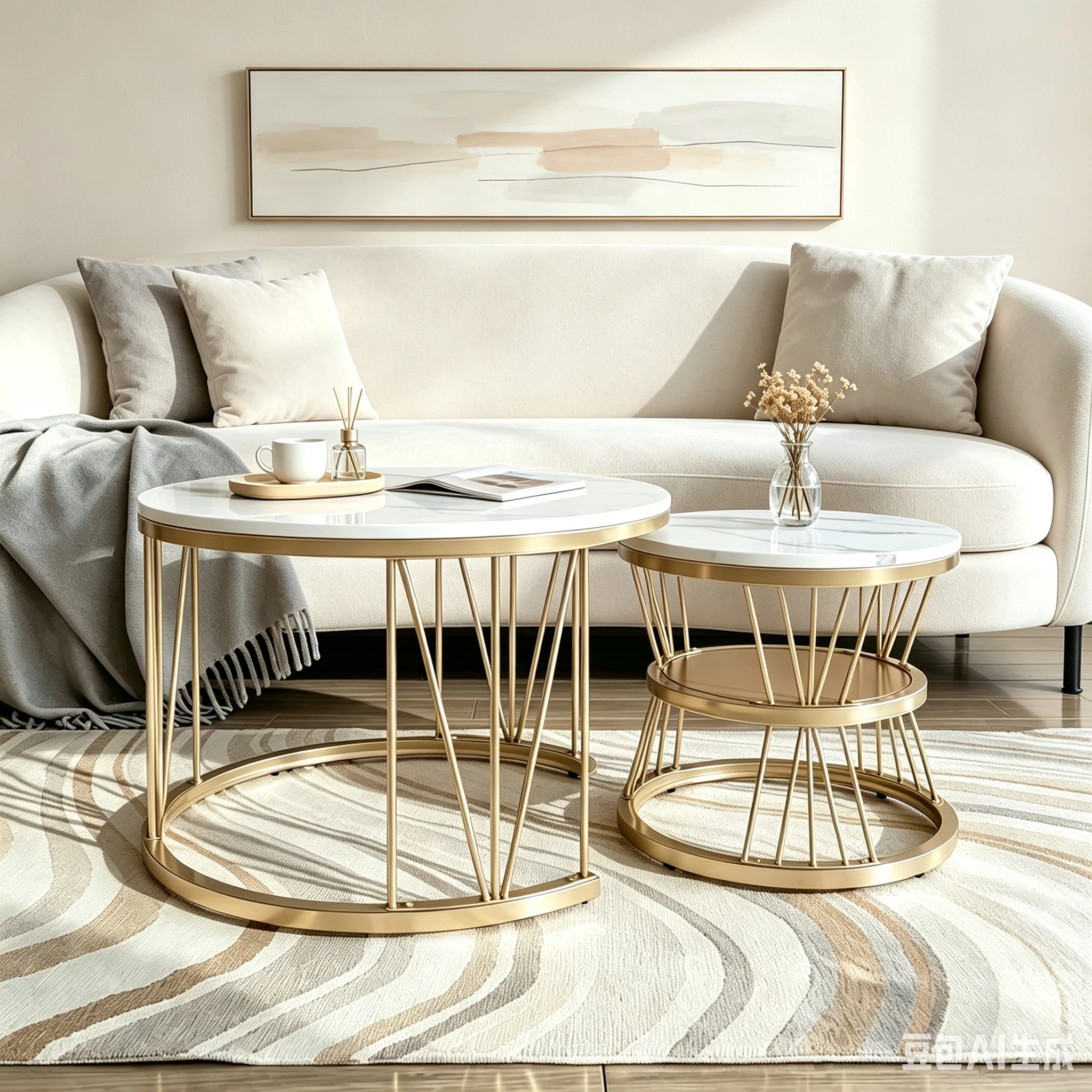 Rosahqnda Runder Couchtisch, 2er-Set, Hochglanz-Beistelltisch mit Stauraum, Beistelltische Wohnzimmertisch mit Metallgestell, Gold / Schwarz