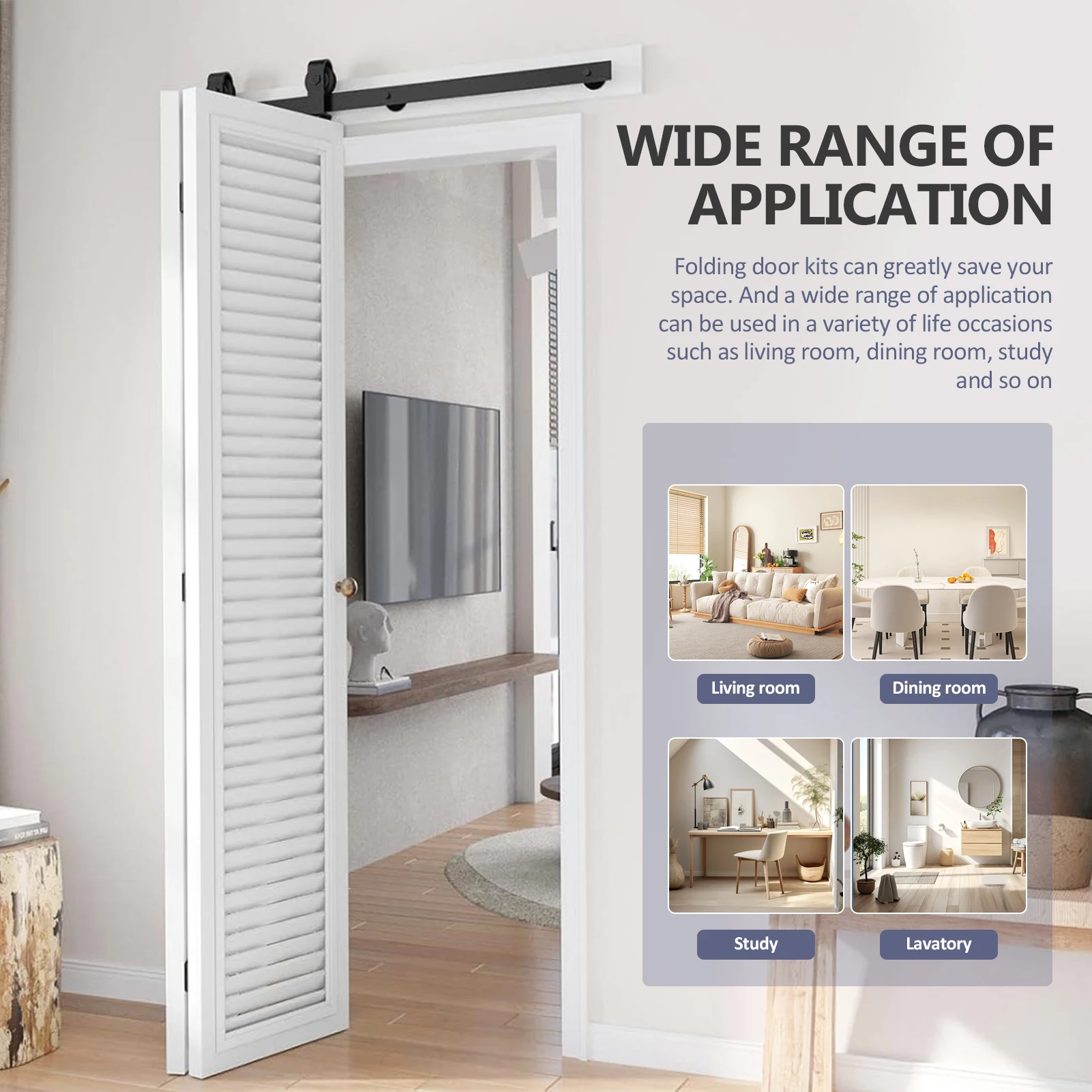T-förmiges Bi-Folding Schiebetür-Hardware-Set, Kohlenstoffstahl-Flachschiene mit leisem Rollensystem, platzsparendes Top-Mount-Hardware-Set für Schrank- und Vorratsschrank-Innentüren, einfache