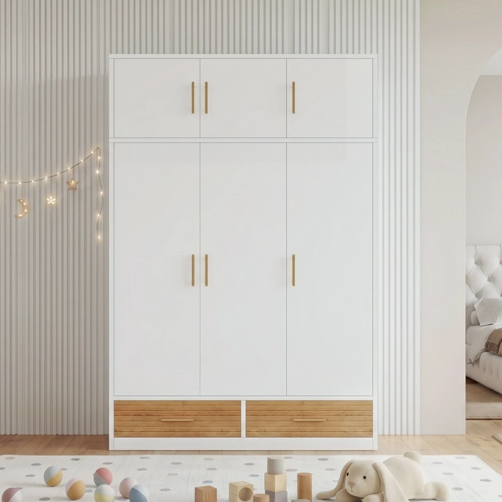 120×50×180cm weißer freistehender 3-türiger Kleiderschrank mit mehreren Fächern, oberem Fach, Kleiderstange, Schubladen, Kleideraufbewahrungsschrank für Zuhause, Kinder- und Erwachsenenschlafzimmer