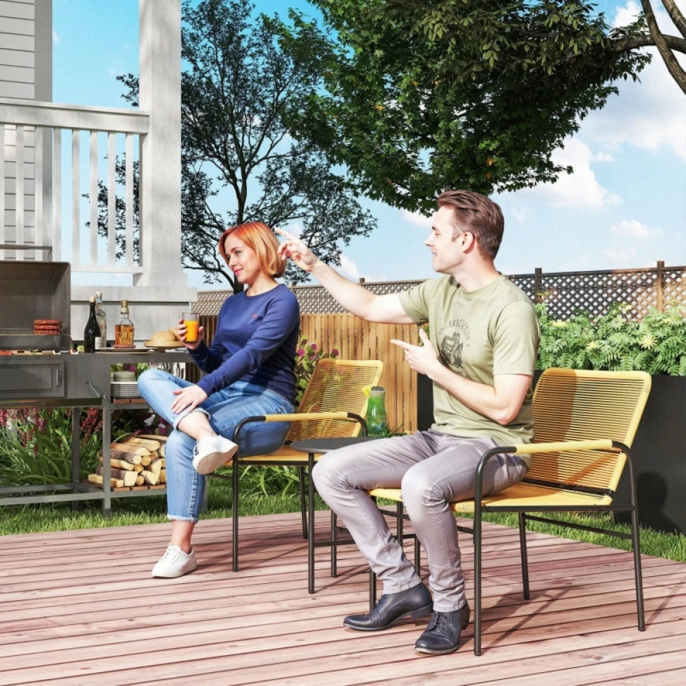 Ensemble bistro 3 pièces en rotin Ye, ensemble de sièges, ensemble de meubles de jardin avec 2 chaises de jardin, table basse, ensemble de meubles de balcon pour jardin, terrasse, acier, jaune