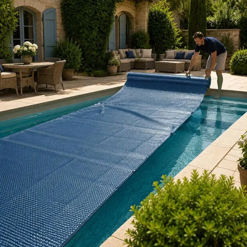 Couverture solaire pour piscine, couverture à bulles flottante pour piscine, couverture solaire en PE 488x244 cm noir et bleu, couverture de piscine extérieure, accessoire pour piscine