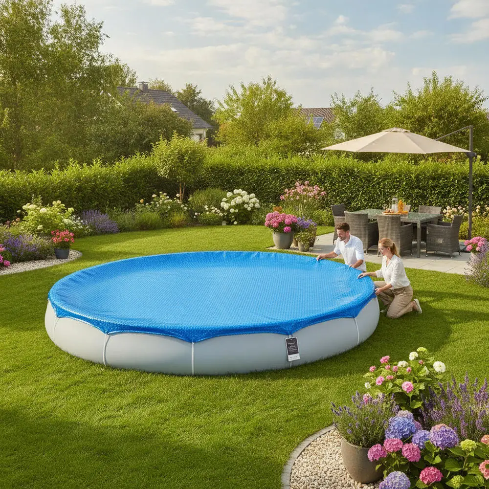 Couverture solaire pour piscine, couverture flottante pour piscine, couverture anti-évaporation pour piscine, couverture solaire ronde flottante en PE pour piscine 381 cm bleue, couverture thermique