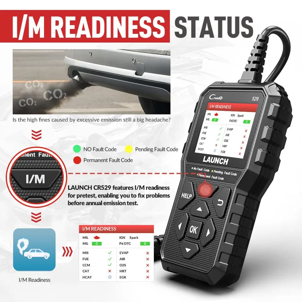 LAUNCH Creader 529 Lecteur de codes OBD2 Outil de diagnostic automobile Lecteur de codes OBDII Lecture des codes de panne Lecteur de codes OBD Scan DIY CR529