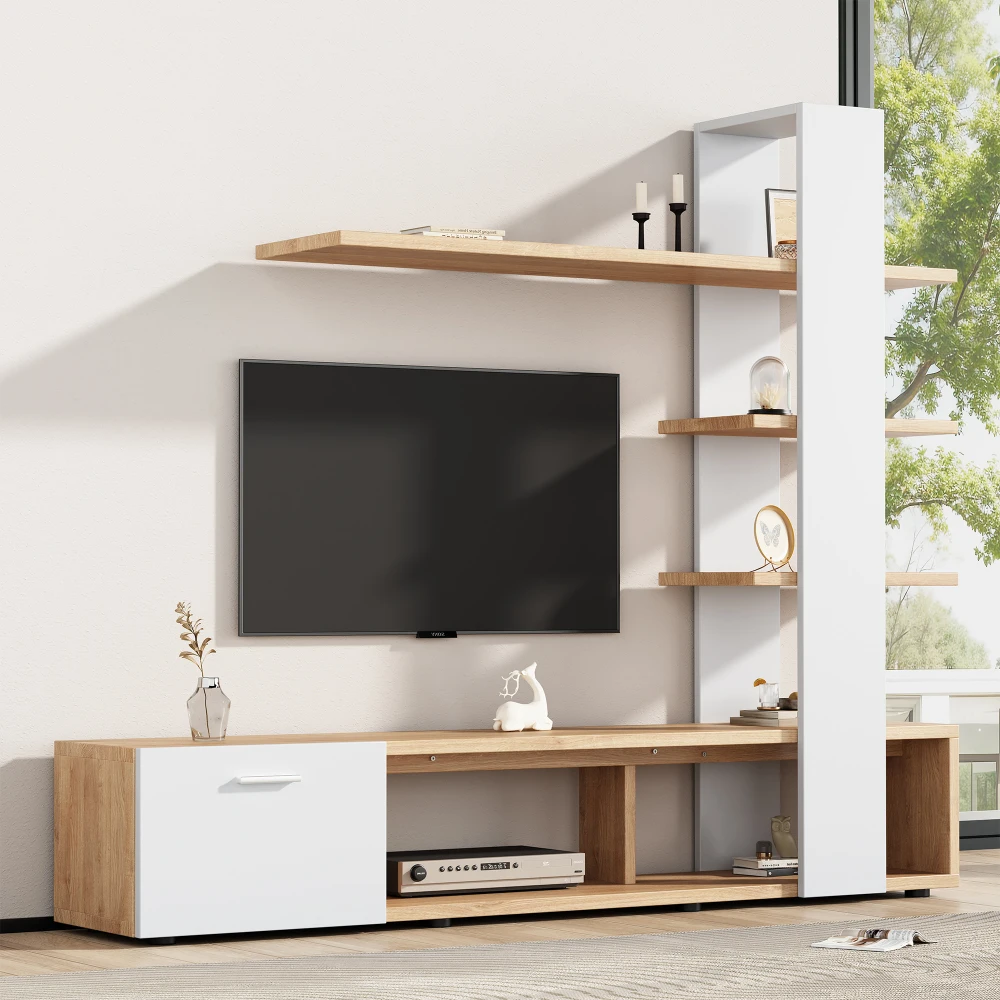 Meuble mural de salon Ye Home, 180 x 33,5 x 151,5 cm, ensemble de meubles de salon, adapté aux téléviseurs de moins de 60 pouces, meuble TV moderne en chêne blanc, meuble bas, unité murale TV,