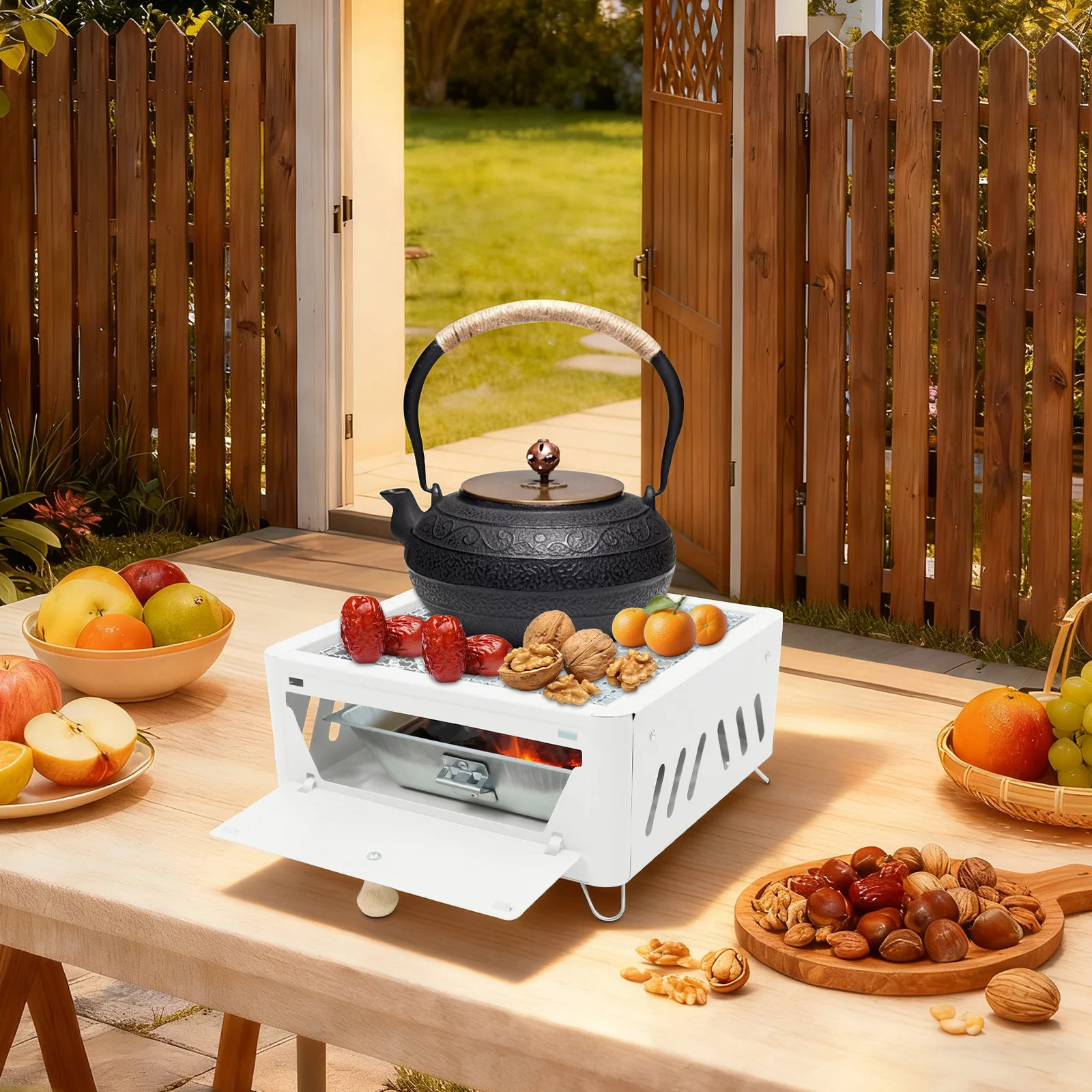 Réchaud de camping avec étagère à charbon intégrée, barbecue portable au charbon, mini-grill, grill de table au charbon, idéal pour les barbecues, les pique-niques et la préparation du thé (Blanc)