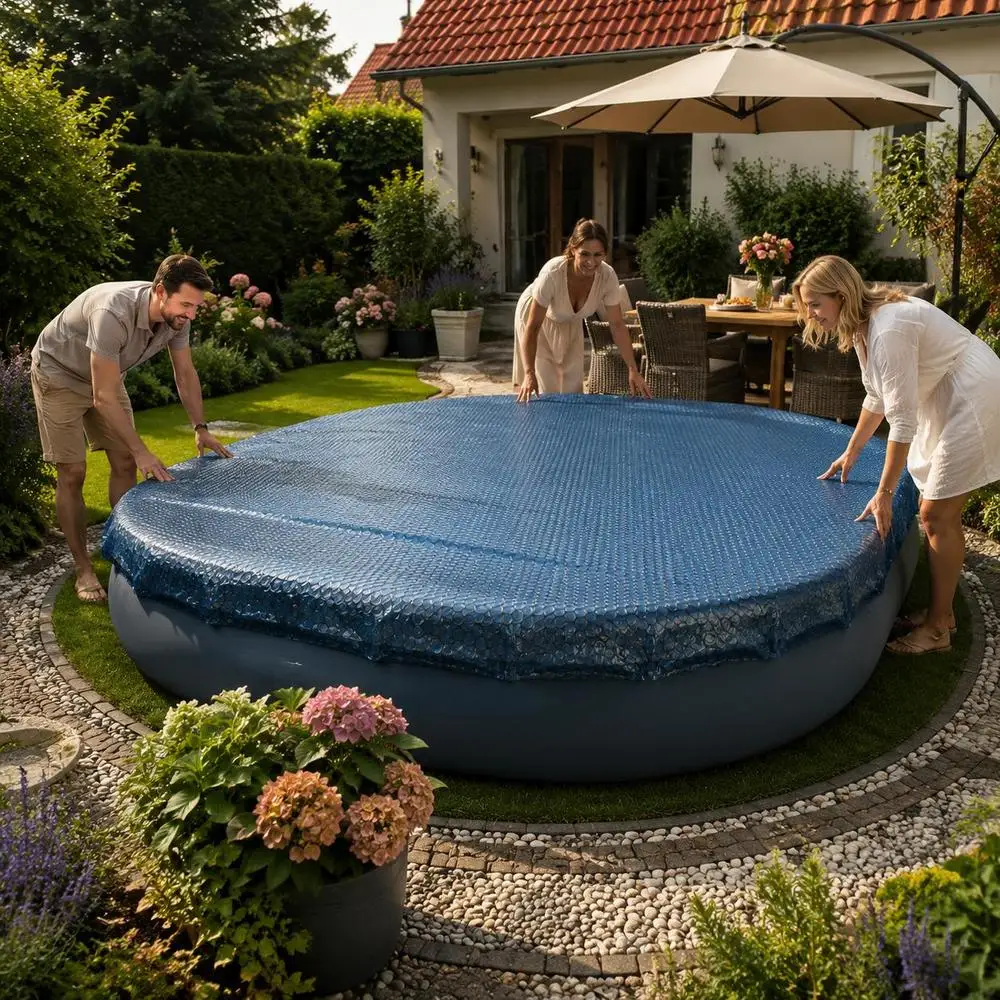 Couverture solaire pour piscine, couverture flottante pour piscine, couverture anti-évaporation pour piscine, film solaire flottant en PE pour piscine 455 cm noir et bleu, couverture thermique pour