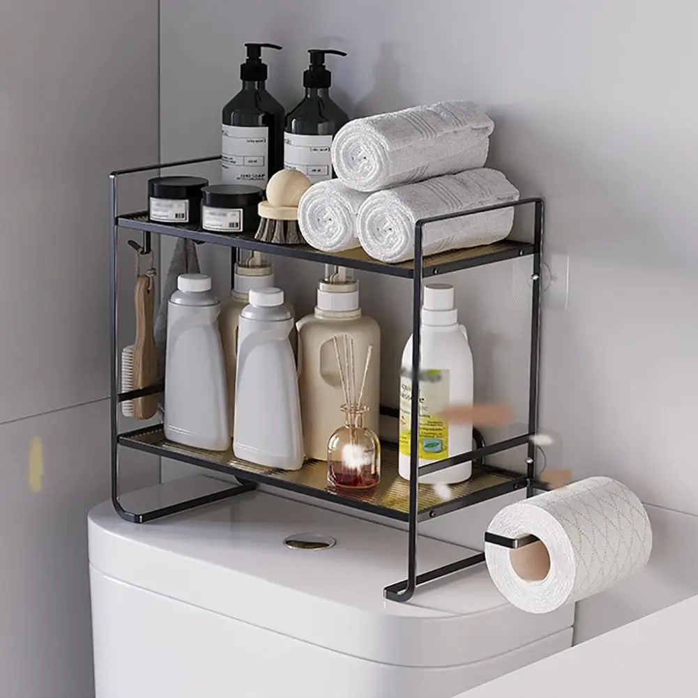 Étagères de salle de bain, étagère de toilette au-dessus des toilettes, étagère de toilette en métal avec 2 crochets, organisateur de salle de bain à 2 niveaux, meuble de salle de bain mural moderne