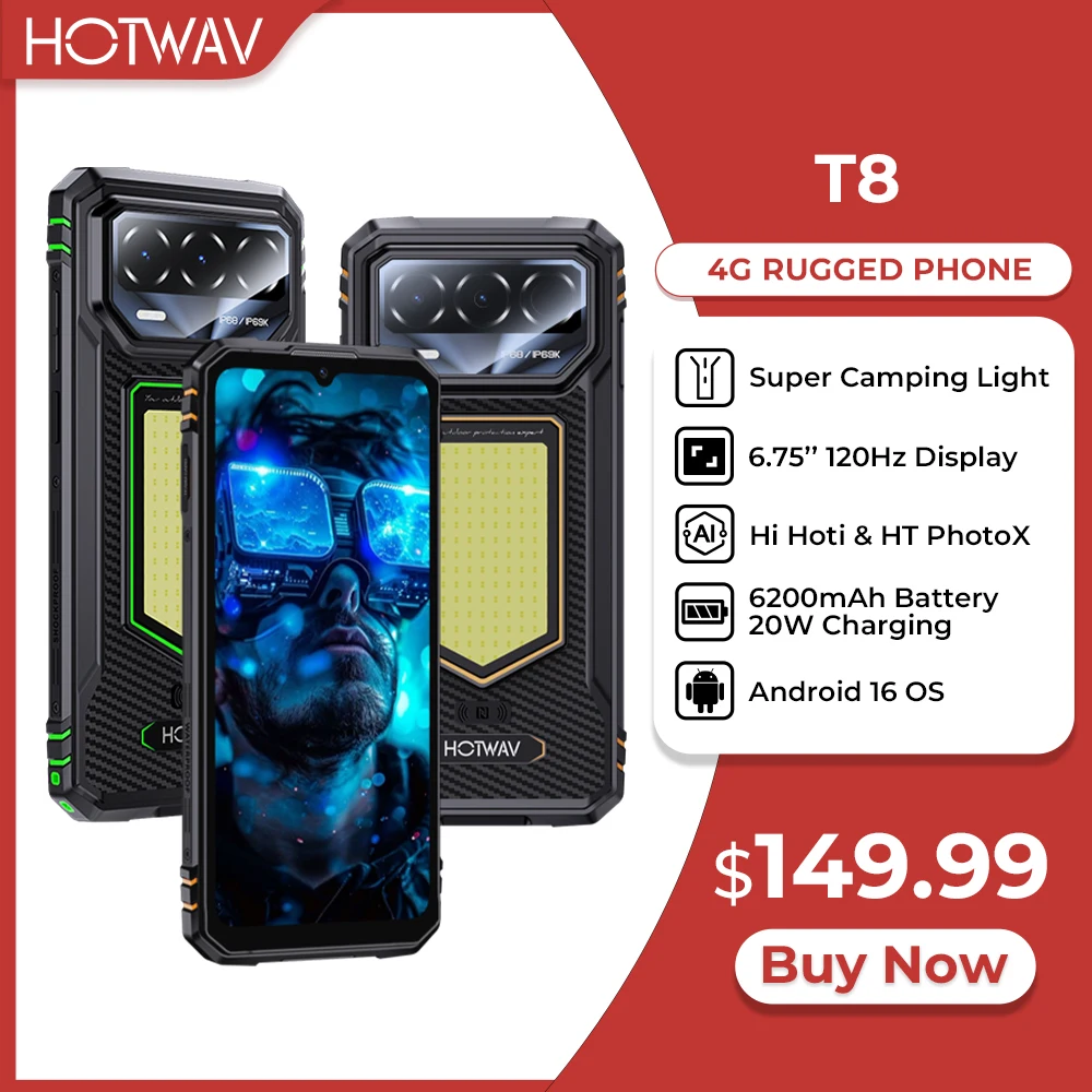 HOTWAV T8 Rugged Smartphone 6.75'' 120Hz 4GB RAM 64GB ROM Mobile Phone 6200mAh 20W Super Camping Light Android 16 Cellphone