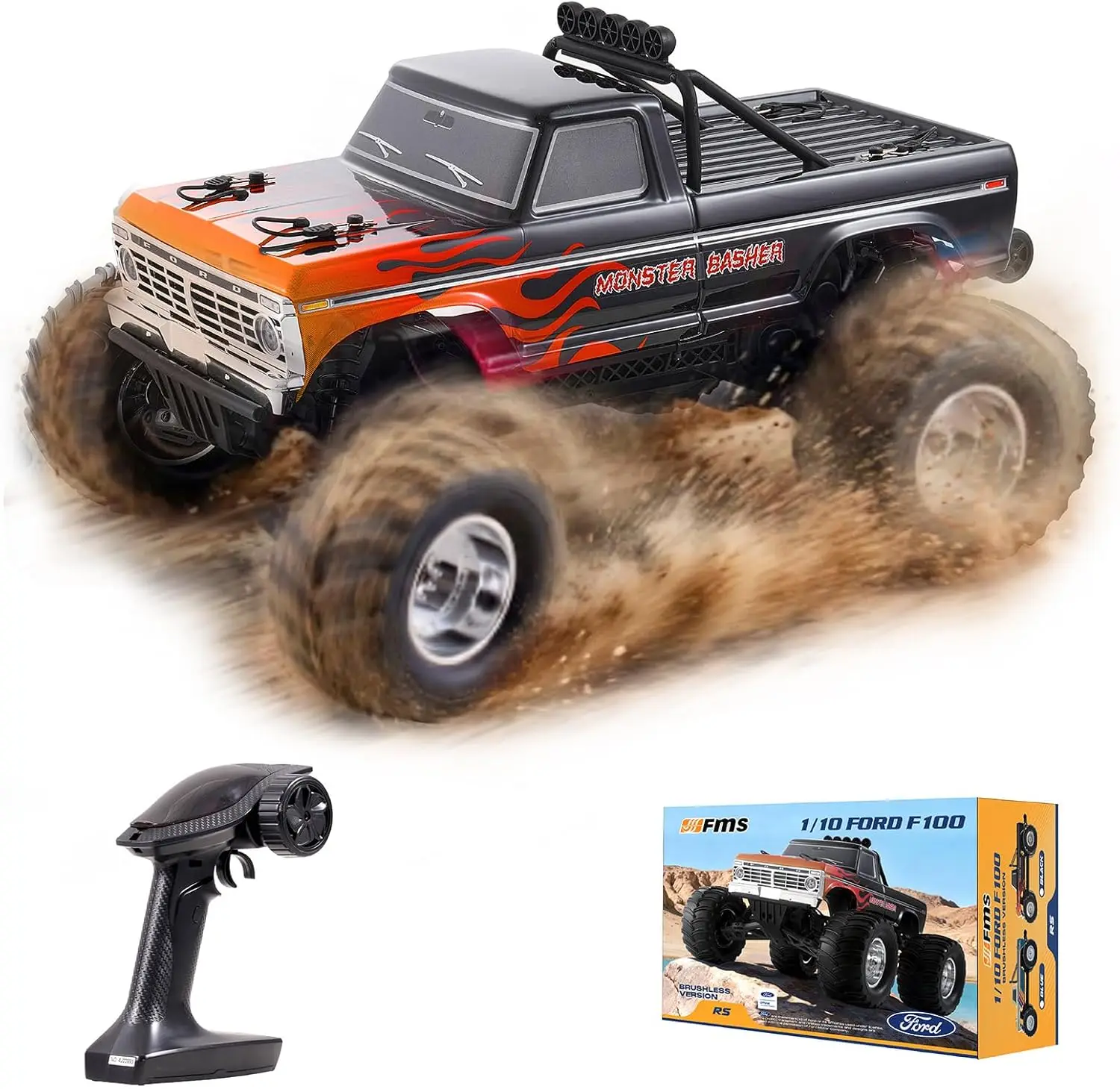 1/10 Ford F-100 Brushless Monster Truck Officially Licensed - 2WD High Speed Off-Road RC Rock Crawler, Hobby Grade Remote Control Car for Adults, RS No Battery (Black)