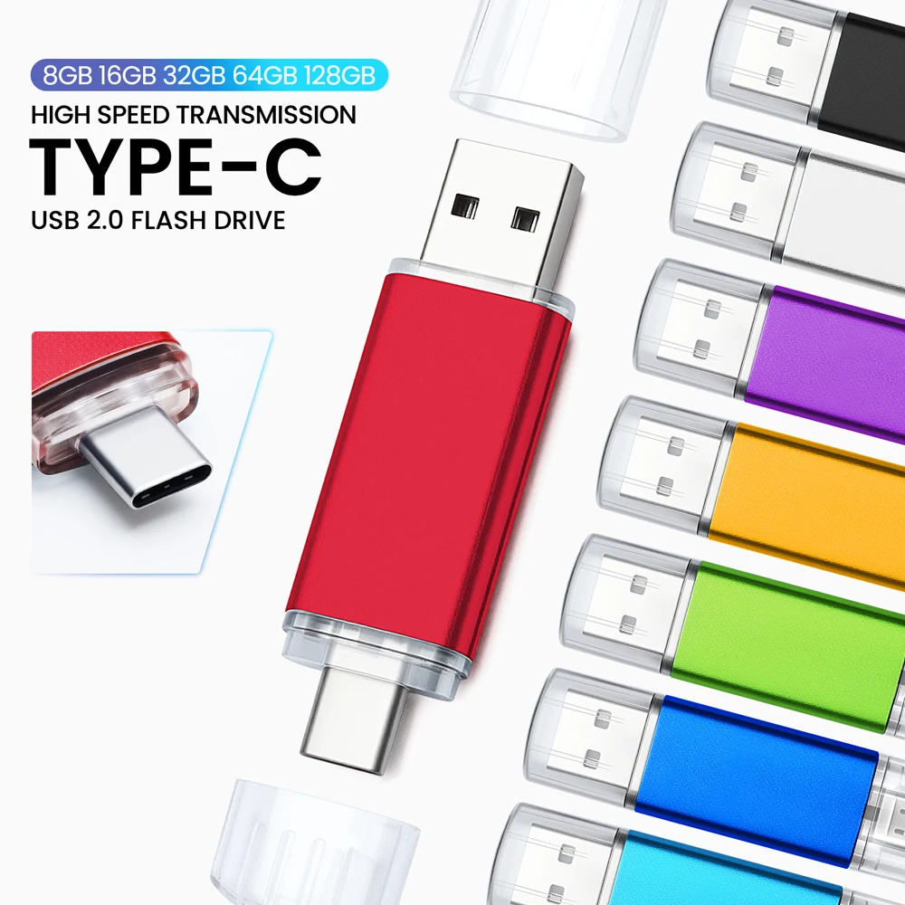 High Speed TYPE C 2in1 USB Flash Drive 128GB 64GB 32GB Metal Pen Drive Smart Phone Car TV USB Stick 4GB 8GB 16GB Creative Gift