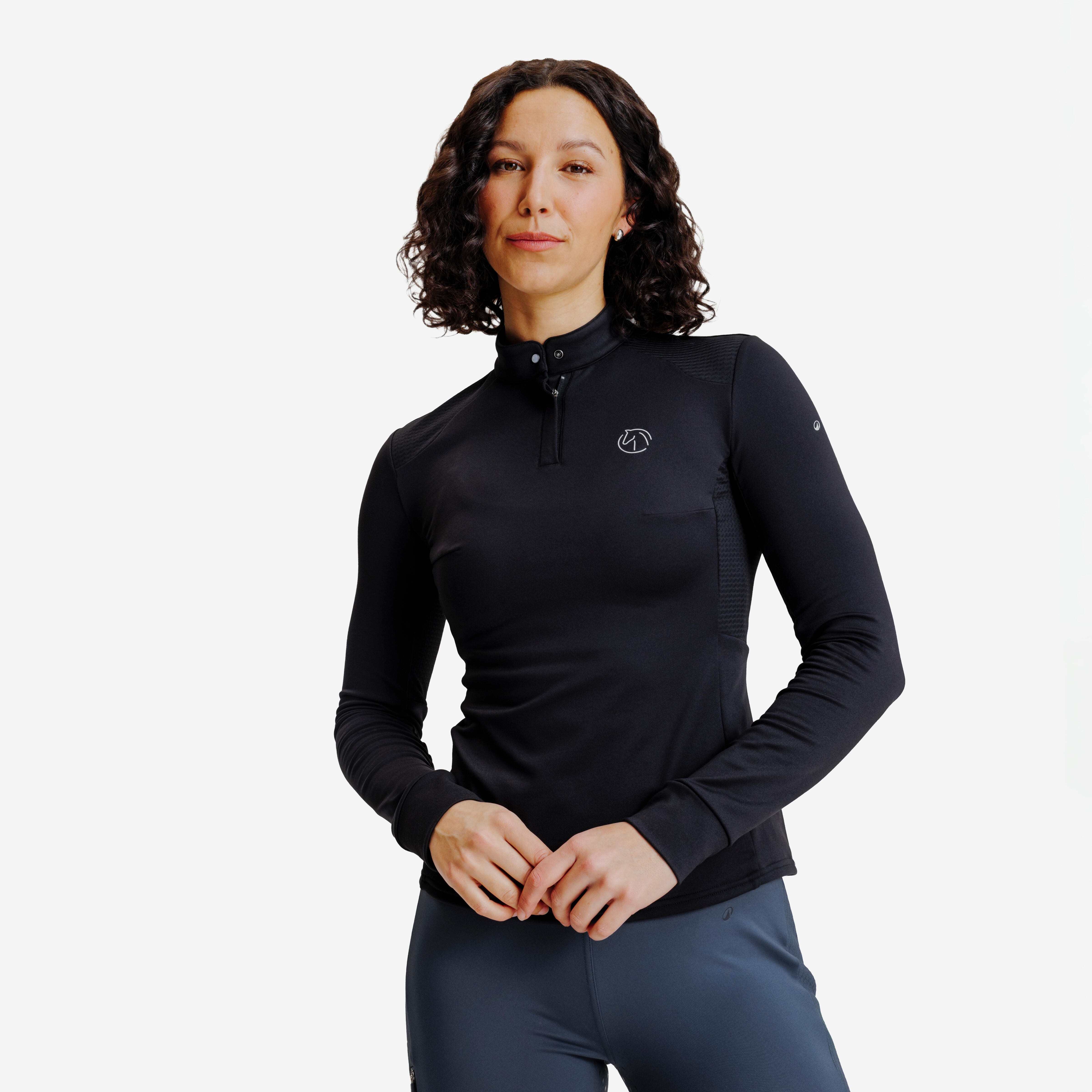 Polo équitation manches longues chaud Femme - 500 noir