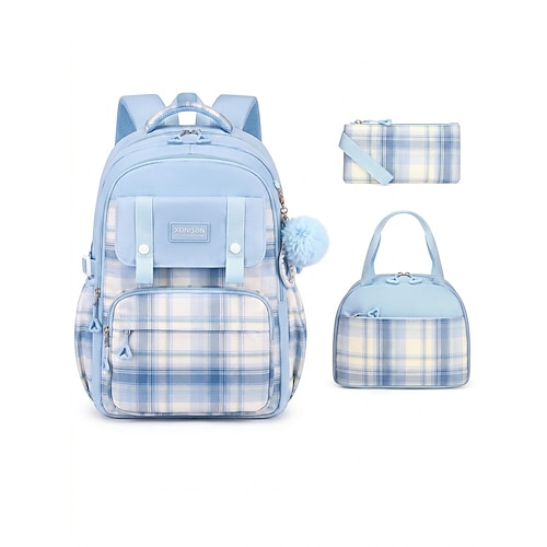 Zaino a quadri da bambina per la scuola, grande capacità, multi-tasche, in poliestere, grazioso zaino rosa da viaggio per la scuola con scomparto per laptop, resistente all'acqua per la scuola