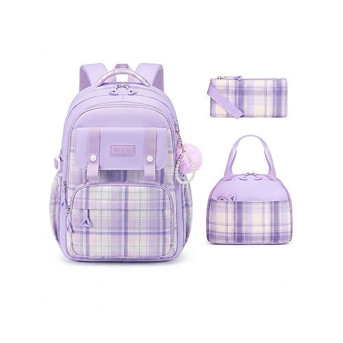 Zaino a quadri da bambina per la scuola, grande capacità, multi-tasche, in poliestere, grazioso zaino rosa da viaggio per la scuola con scomparto per laptop, resistente all'acqua per la scuola