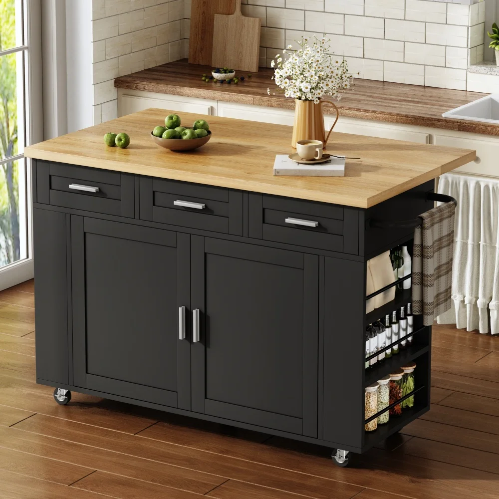 Mobile Kücheninsel-Trolley mit Stauraum, Buffetschrank mit klappbarer Arbeitsplatte, ausziehbaren Organizer-Schubladen, Steckdosen und Rollen, 120x45x84 cm