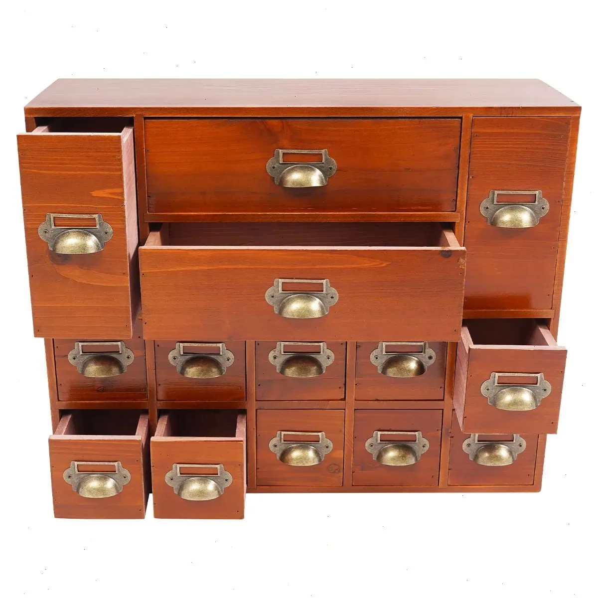 Schubladenorganizer, Schreibtisch-Apothekerschrank, Altholzfarbe, 14 Schubladen, Retro-Vintage-Stil, Robuster Metallrahmen, Klassischer Organizer, Große Kapazität, für Zuhause, Büro, Kräuter, Tee,
